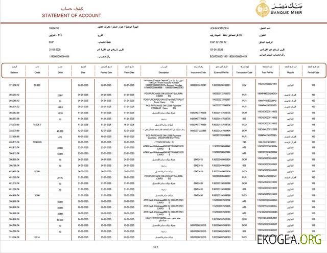 Modèle Word et PDF de relevé de compte de la Banque Misr en Égypte